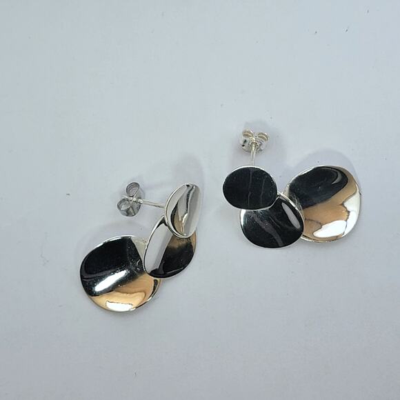 Sterling Silver Coin Drop Earrings 1.5 Inch Modern Polished Dangle - Picture 4 of 10